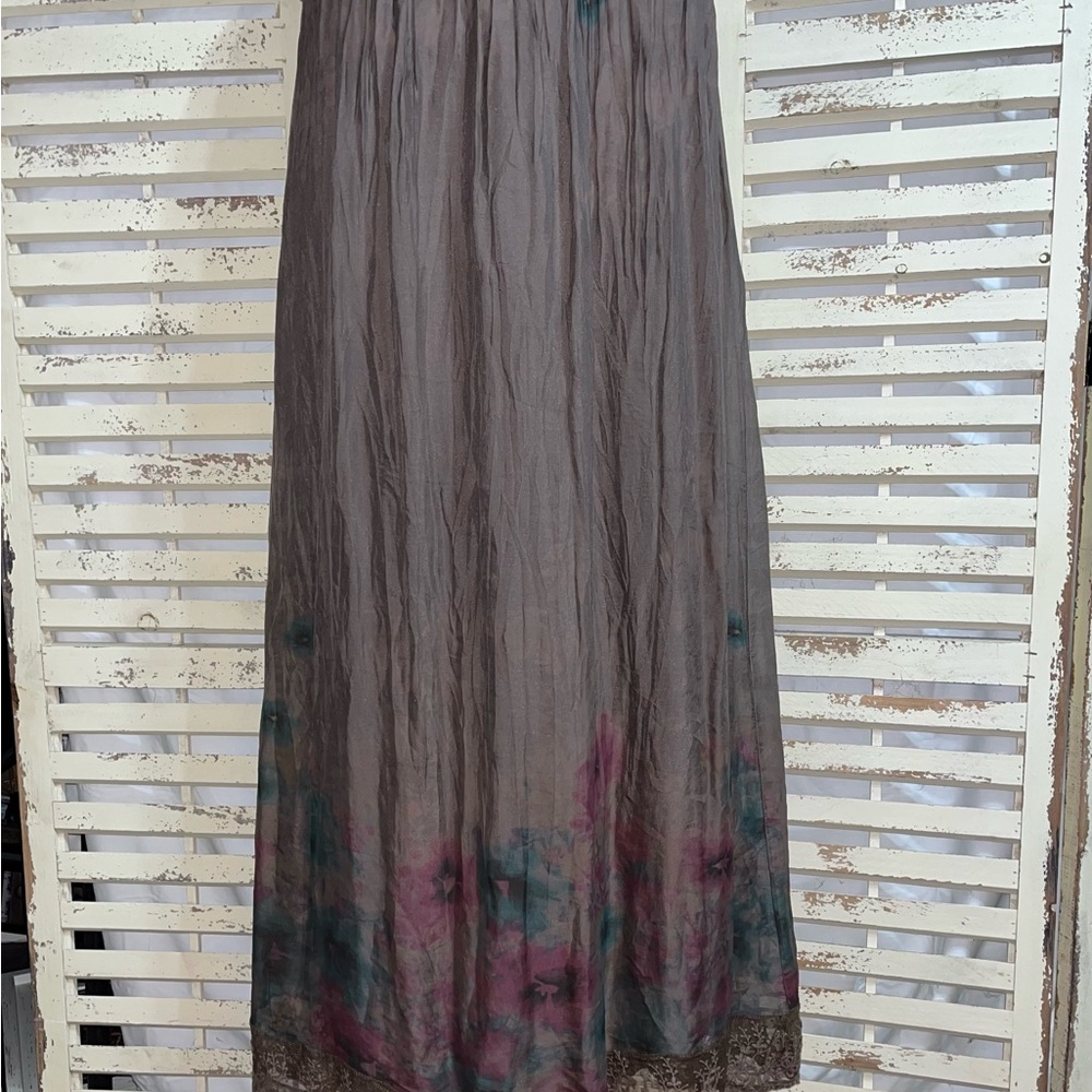 LN~NICOLE Italy floral Silk Fango Skirt~Size Medium~brown stretch waist 3312.